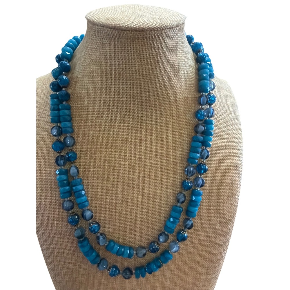 Blue Multi Tone Double Strand Beaded Necklace Vintage Style Gold Layering Boho